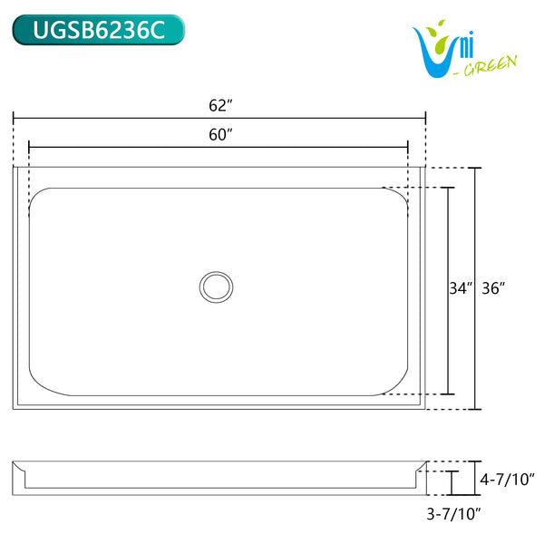 Curbless Acrylic Shower Base 62X36 in | Barrier Free Shower Base with Center Drain in White Color
