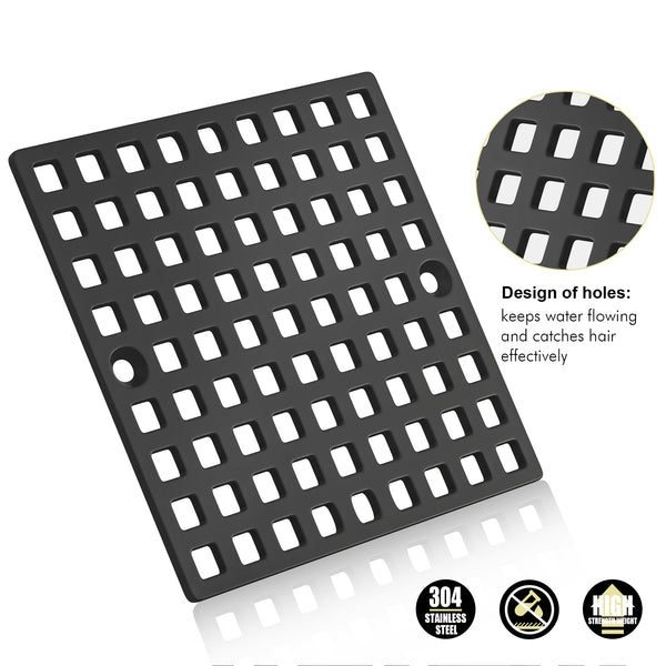4" Shower Drain Cover Replacement Matte Black, Shower Drain Grate Square Shower Drain Strainer Grid for Bathroom Floor