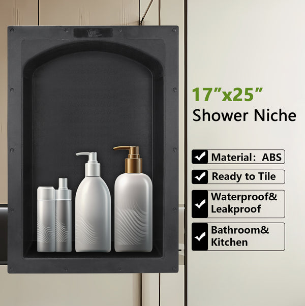 17"×25"  Black Arch Top ABS Plastic Bathroom Shower Niche  Single UGARN101