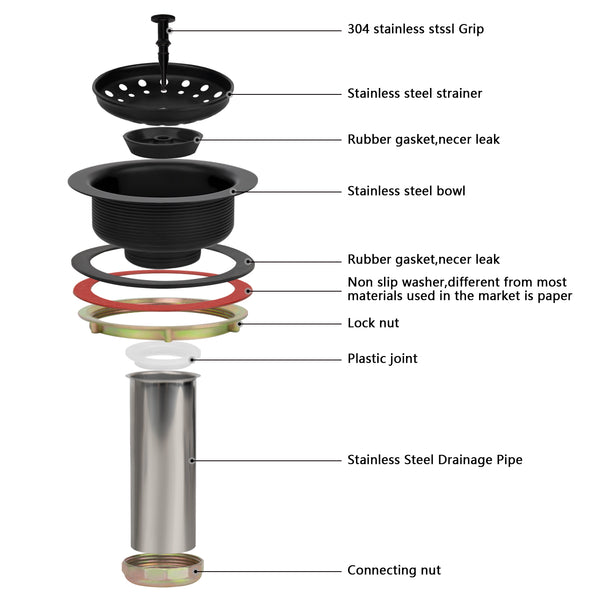 Kitchen Sink Drain Assembly with Drain Strainer for 3-1/2 inch opening, Stainless Steel Matte Black Finish