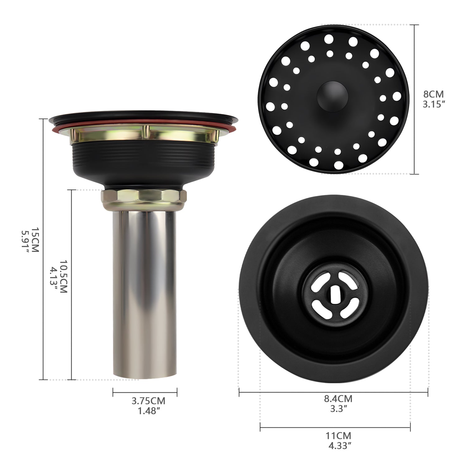 Kitchen Sink Drain Assembly with Drain Strainer for 3-1/2 inch opening, Stainless Steel Matte Black Finish