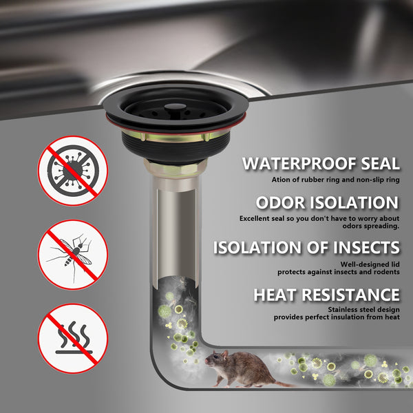 Kitchen Sink Drain Assembly with Drain Strainer for 3-1/2 inch opening, Stainless Steel Matte Black Finish