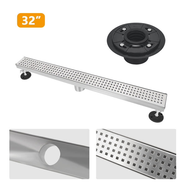 32 Inch Linear Drain For Shower with Brushed Mission Style,Drain Base with Rubber Gasket