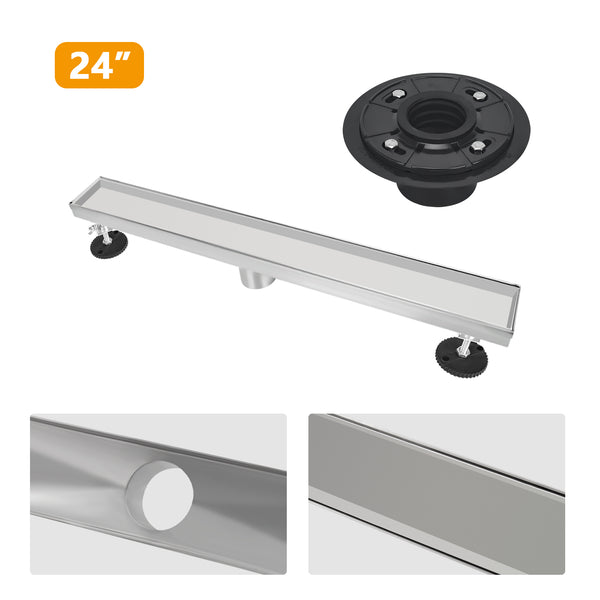24" Linear Shower Drain Tile Insert and Drain Base with Rubber Gasket