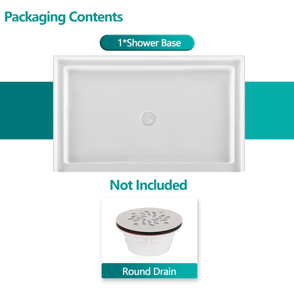 Acrylic Shower Base 60X36X5-1/2in Single Threshold and Center Drain in White