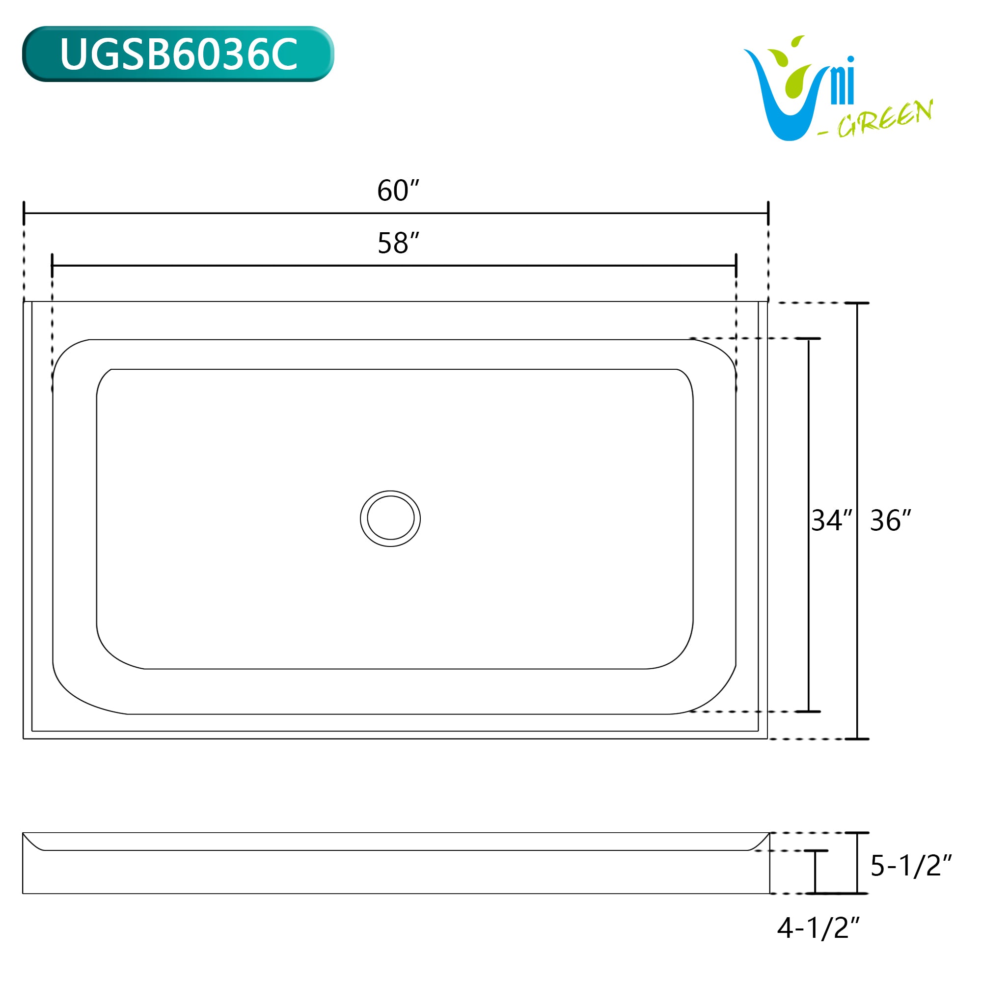 Acrylic Shower Base 60X36X5-1/2in Single Threshold and Center Drain in White