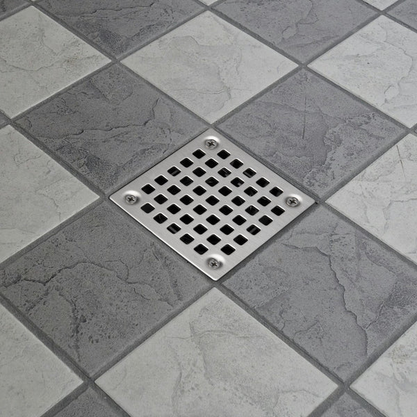 Square Shower Drain Low Profile Show Pan Drain with SS304 Grating Mission Style PVC Construction
