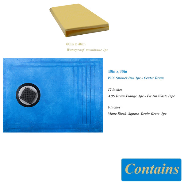 Tile Shower Pan Kit 48X36" | Cut-to Fit | Including: Shower Pan, Adjustable Shower Drain, and Waterproof Membrane.