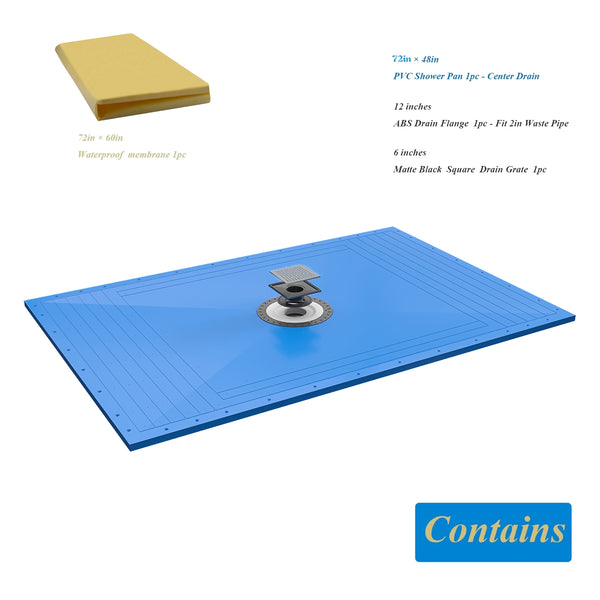 Tile Shower Pan Kit 72X48" | Cut-to Fit | Including: Shower Pan, Adjustable Shower Drain, and Waterproof Membrane.