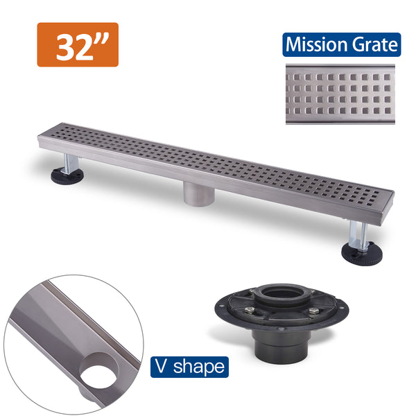 32 Inch Linear Drain For Shower with Brushed Mission Style,Drain Base with Rubber Gasket