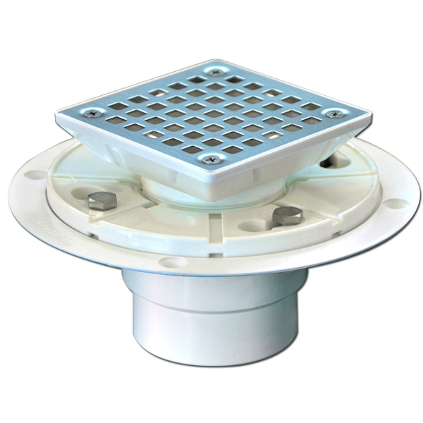 Square Shower Drain Low Profile Show Pan Drain with SS304 Grating Mission Style PVC Construction