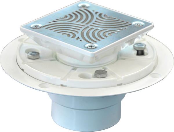 Square Shower Drain for Low Profile Shower Pan with SS304 Grating, Drain Flange PVC Material