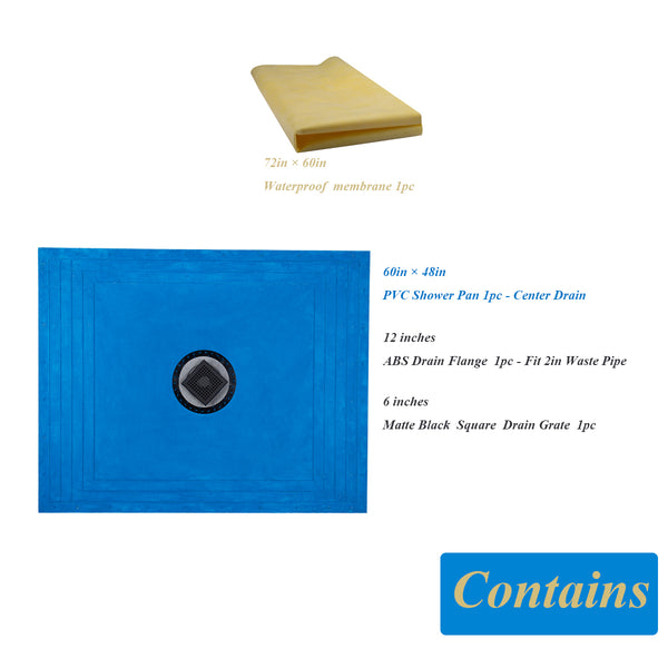 Tile Shower Pan Kit 60X48" | Cut-to Fit | Including: Shower Pan, Adjustable Shower Drain, and Waterproof Membrane.