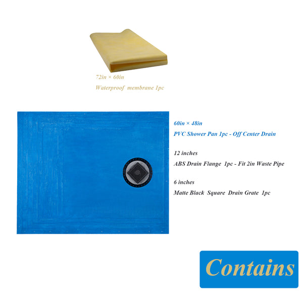 Tile Shower Pan Kit 60X48" | Cut-to Fit | Including: Shower Pan, Adjustable Shower Drain, and Waterproof Membrane.