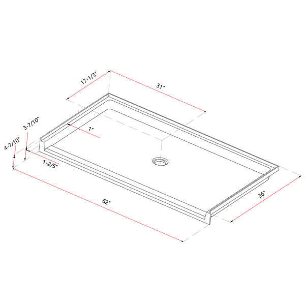 Curbless Acrylic Shower Base 62X36 in | Barrier Free Shower Base with Center Drain in White Color