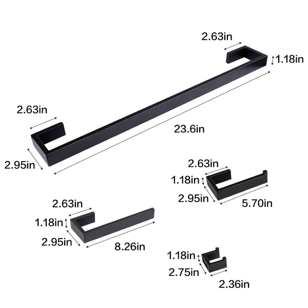 Bathroom Hardware Set 4pcs, Towel Bar 24" with Toilet Paper Holder and 2 Hooks in Stainless Steel 304 Material